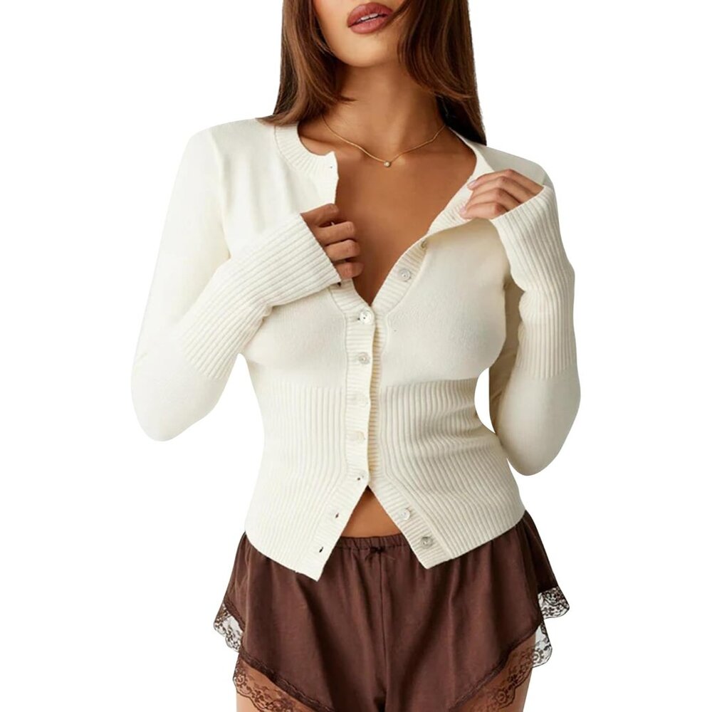 Womens Open Front Button Up Cropped Cardigan Ribbed Knit Long Sleeve Shirt Casua